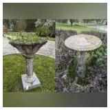 CAST STONE LARGE OUTDOOR PEDESTAL PLANTER WITH LIVE PLANT AND CONCRETE BIRD FEEDER