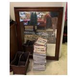 WOOD/RATTAN MAGAZINE RACK, STACK OF HOME DECOR MAGAZINES & LARGE WOOD FRAMED MIRROR 33" WIDE X 41" TALL - UP BED 1