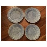 2 EMBOSSED BLUE DINNER PLATES & 2 EMBOSSED BLUE LUNCHEON PLATES BY BORDALLO PINHEIRO PORTUGAL FLOWERS - LIVING ROOM