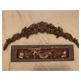 VINTAGE LACQUER & GILT FLORAL PANEL 17 1/4" LONG X 4 1/2" WIDE & RESIN ANTIQUE GOLD CARVED SWAG PANEL 21" LONG - UP BED 2
