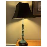 METAL VERDE CANDLESTICK LAMP ON BLACK BASE WITH NICE BLACK SHADE 28" TALL