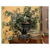 LARGE CERAMIC URN VASE FULL OF SILK IVY 18" TALL X 17" WIDE & GLASS/BRASS BOWL 9" ROUND X 4 3/4" TALL - UP MASTER BATH