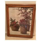 A. SEHRING ART PRINT "PANSIES IN WICKER" IN HEAVY SOLID OAK FRAME 29 1/4" X 35 1/2" - UP HALLWAY