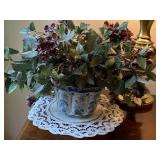 ORIENTAL STYLE BLUE/WHITE PLANTER WITH SILK FLORAL 9" X 5 1/2" & DOILY - LIVING ROOM