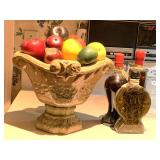 LARGE POTTERY VASE FULL OF FAUX FRUIT 13" WIDE X 9 3/4" TALL & 3 DECORATIVE BOTTLES - KITCHEN