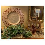 LOT TO INCLUDE WOODEN/METAL SMALL DECORATIVE BIRD CAGE, LEOPARD PRINT RUNNER & MORE - DEN
