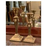 PAIR VINTAGE SOLID BRASS EMPIRE FRENCH LION HEAD COLUMN CANDLESTICKS 10 1/4" TALL, 8 4/3" TALL - UP MASTER BED