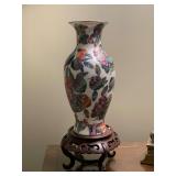 CHINESE FRUIT PATTERN VASE 10 1/2" TALL ON VINTAGE CARVED CHINESE WOODEN STAND 3 3/4" TALL - UP BED 2