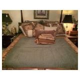 QUEEN SIZE BEDSPREAD, DUST RUFFLE, ALL SHEETS & THROW PILLOWS (ALL BEDDING ON BED ONLY) - UP MASTER BED