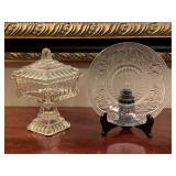 VINTAGE JEANETTE GLASS FOOTED SQUARE CANDY DISH 7" TALL & VINTAGE INDIANA GLASS TIARA CLEAR DESSERT PLATE 6" ROUND W/ STAND - DINING ROOM