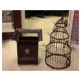 WIRE BIRD CAGE 16" TALL X 8" ROUND & METAL PLANTER WITH LIONS HEAD DECOR 9 3/4" TALL X 8 1/2" SQUARE - UP BED 1