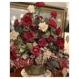 LARGE OVAL ANTIQUE BRASS PLANTER W/ MASSIVE SILK ROSE FLOWER ARRANGEMENT & DOILY (PLANTER 10" LONG X 6" TALL - W/ ARRANGEMENT 38" WIDE X 34" TALL) - DINING ROOM