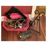 CONTAINER FULL OF ASSORTED PLATE STANDS & LAMP PARTS - DINING ROOM