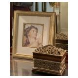 HEAVY RESIN DECORATIVE COVERED BOX 8 1/2" LONG X 5 1/2" DEEP X 8 1/2" TALL & NICELY FRAMED/MATTED GREEK ART PRINT 15X17 - UP MASTER BED