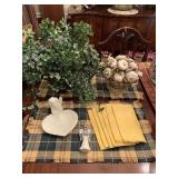 2 YELLOW PLAID PLACEMATS & MATCHING TABLE RUNNERS, 6 YELLOW NAPKINS, FRUIT TOPIARY SYROCO DECOR 10" LONG X 9" TALL, COPPER METAL PLANTER W/ SILK GREENERY & MORE - DINING ROOM