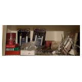 SHELF LOT OF ELECTRIC CANDLES, BULBS, RIBBON & MORE - UP HALL CLOSET