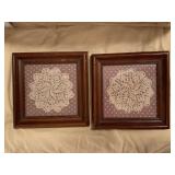 PAIR OF VINTAGE LACE FRAMED DOILIES 6 1/2" SQUARE - UP BED 2