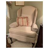 VINTAGE UPHOLSTERED WING CHAIR BY SHUFORD FURNITURE CO & 1 STRIPED THROW PILLOW - UP BED 2