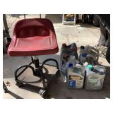 CRAFTSMAN ROLL AROUND WORK STOOL & CONTAINERS OF MOTOR OIL & MORE (NOT ALL FULL) - GARAGE
