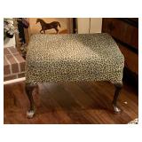 MAHOGANY VINTAGE STOOL WITH LEOPARD UPHOLSTERY 25" X 19" X 17" TALL - DEN