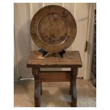 SMALL WOOD STEP STOOL 15" LONG X 9 1/2" WIDE X 15" TALL & DECORATIVE CHARGER ON STAND - UP MASTER BED