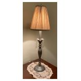 PEWTER DISTRESSED CANDLESTICK LAMP 27" TALL WITH DOILY - UP BED 2