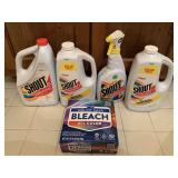 4 BOTTLES OF SHOUT & 1 BOX OF BLEACH (MOST FULL) - UP MASTER BATH