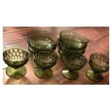 4 VINTAGE AVOCADO GREEN COLONY WHITEHALL CUBIST CHAMPAGNE/TALL SHERBET GLASSES & 5 VINTAGE AVOCADO GREEN HAND BLOWN BOWLS - LIVING ROOM