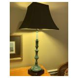METAL VERDE CANDLESTICK LAMP ON BLACK BASE WITH NICE BLACK SHADE 28" TALL