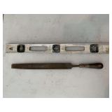 VINTAGE LONG WOOD HANDLE FILE & LEVEL - GARAGE