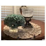 METAL ART DECO 3 COY STAND WITH CRYSTAL VASE 10" TALL X 6" ROUND, FROSTED VASE WITH SILK HYDRANGEA & LARGE HANDMADE CROCHET DOILY - LIVING ROOM