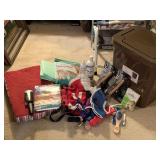 BROWN TRASH CAN/DOG FOOD CONTAINER FULL OF PET SUPPLIES TO INCLUDE NEW CRATE LINER, DR MARTIN DOG FOOD, DOG SWEATERS & MORE - UP MASTER CLOSET 1