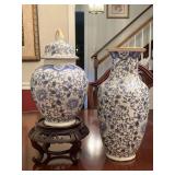 CHINESE BLUE/WHITE GINGER JAR W/ LID & GOLD TRIM 9" TALL WITH ROSEWOOD STAND & TALL CHINESE BLUE/WHITE VASE W/ GOLD TRIM 10" TALL - DINING ROOM
