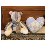 VINTAGE HANDMADE FROM OLD QUILTS JOINTED TEDDY BEAR & HEART SHAPED PILLOW - UP BED 1