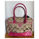 NEW COACH LEGACY TAN CANVAS SATCHEL SIGNATURE COLLECTION WITH RASPBERRY TRIM - CHECKOUT