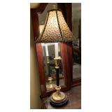 TALL BLACK/BRASS CANDLESTICK LAMP WITH LEOPARD SHADE ON CARVED STAND 30" TALL - UP MASTER BED