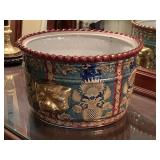 EXTRA LARGE CHINOISERIE HAND PAINTED PLANTER WITH GOLD COUGAR HEAD 13" ROUND X 8" TALL - UP MASTER BED