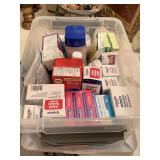 CRATE FULL OF VARIOUS MEDICINES TO INCLUDE EQUATE, EMETROL, BENADRYL & MORE (CRATE W/ LID INCLUDED) - UP HALL BATH CLOSET