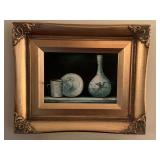 HAND PAINTED ORNATE GOLD FRAMED STILL LIFE SIGNED BY ARTIST 11 1/4" X 9 1/2" & DECORATIVE BROWN/GOLD RESIN WALL SHELF 9 1/4" LONG X 5" DEEP - LIVING ROOM