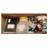 DRAWER FULL OF OFFICE SUPPLIES TO INCLUDE NOTEPADS, INDEX CARDS, NEW COMPUTER MOUSES, NEW SCISSORS & MORE - UP MASTER BATH