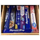 DRAWER LOT TO INCLUDE WAX PAPER, FOIL, SARAN WRAP & MORE - KITCHEN