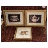 PAIR VINTAGE SIGNED BARBARA MOCK TEACUP PRINTS 12X10 & ONE 1993 CAROLYN SHORES WRIGHT SIGNED TEACUP PRINT 9 1/4" SQUARE - UP MASTER BED