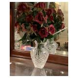 HEAVY LEAD CRYSTAL GODINGER VASE WITH PINEAPPLE DESIGN AND SILK ROSES 10" TALL X 6 1/2" WIDE - UP MASTER BED