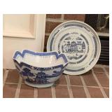 VINTAGE BLUE/WHITE PAGODA PORCELAIN TRAY 10" ROUND & CHINESE BLUE/WHITE PAGODA LARGE BOWL 9 1/4" ROUND X 5" TALL - DEN