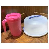 COVERED STERILITE CAKE CARRIER & PINK WATER PITCHER - KITCHEN