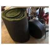 BLACK METAL OUTSIDE WALL MOUNTED LANTERN 18" TALL X 9" WIDE, PARTIAL ROLE OF OUTSIDE TURF & PADDED ROUND SEAT - GARAGE