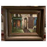 OIL ON CANVAS "LESCENE DURA STORE FRONTS" NICELY FRAMED SIGNED BY T. EMILE 24X20 - UP MASTER BED