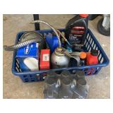 CRATE TO INCLUDE 6 NEW 2 CYCLE ENGINE OIL, ONE 9+4 ENGINE OIL, VINTAGE OIL CAN & MORE (CONTAINER INCLUDED) - GARAGE