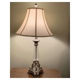 VERY NICE HEAVY PEWTER TONE & GLASS TABLE LAMP WITH NICE SHADE 32" TALL - UP BED 2