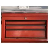 RED 3 DRAWER METAL TOOL BOX W/ TOP STORAGE & CONTENTS 22 1/4" WIDE X 13 1/2" TALL X 12 1/4" DEEP - GARAGE